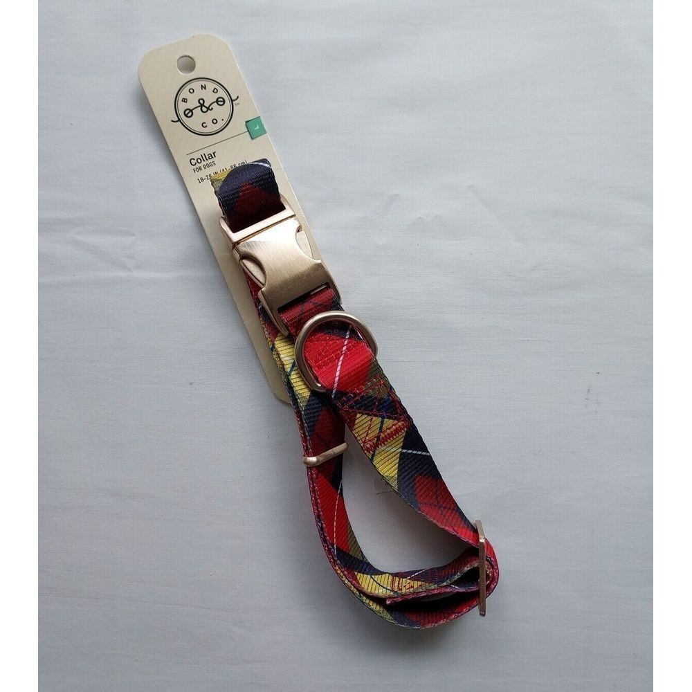 Bond & Co Dog Collar Large Argyle Red Blue Gold Plaid Adjustable NWT